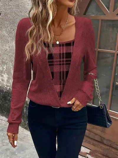 Plaid Printed Fake Two Pieces Fashionable And Comfortable Autumn And Winter Long Sleeves 2Color S - Shop at LoveMi