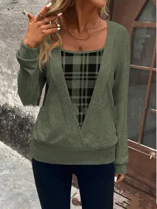 Plaid Printed Fake Two Pieces Fashionable And Comfortable Autumn And Winter Long Sleeves - 6Color - View 1