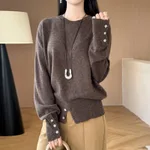 Women's French-style Button Split Turtleneck Sweater - Coffee Color