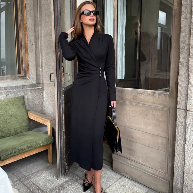 Simple All matching Graceful Long Sleeve Dress For Women Black - Shop at LoveMi