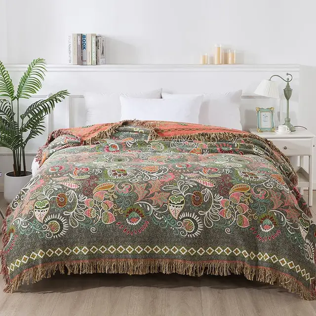 Nordic Style Summer Pure Cotton Gauze Towel Quilt Dark Green And Red Tassel - Shop at LoveMi