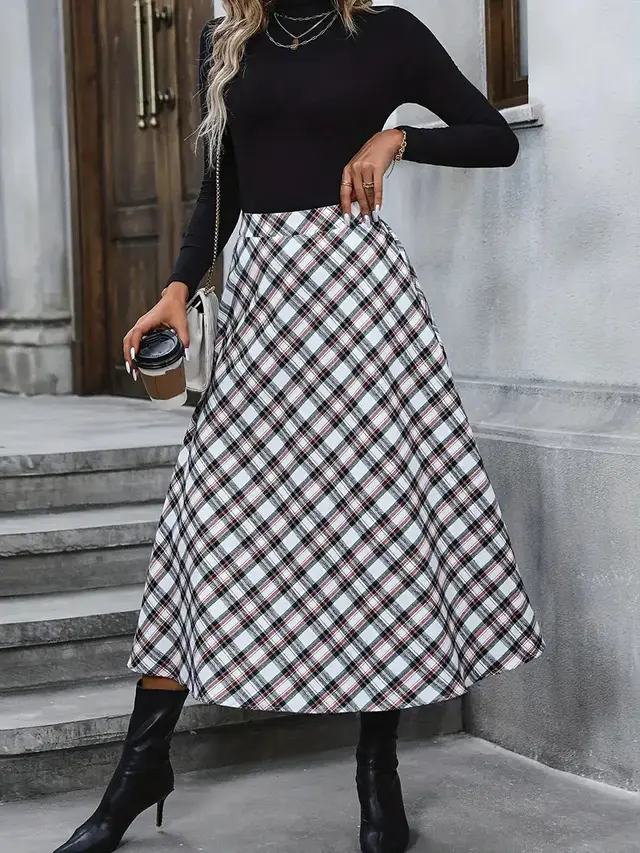 Women's High Waist Casual Loose Plaid Midi Dress White - Shop at LoveMi