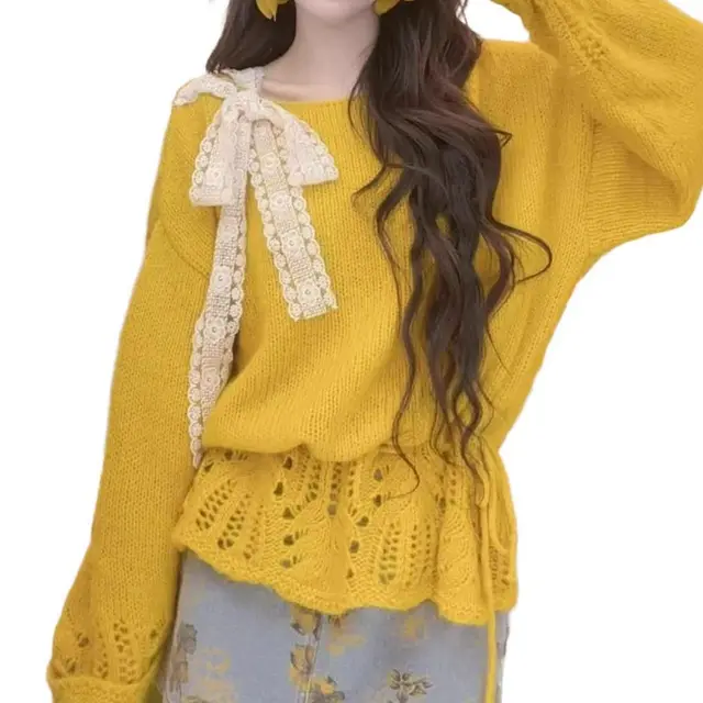 Bow Stitching Lace Strap Warm Temperament Top Yellow - Shop at LoveMi