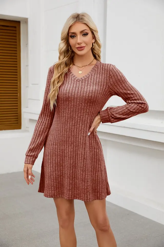V neck Pocket Sunken Stripe Brushed Long Sleeve Leisure Dress Chocolate Brown - Shop at LoveMi