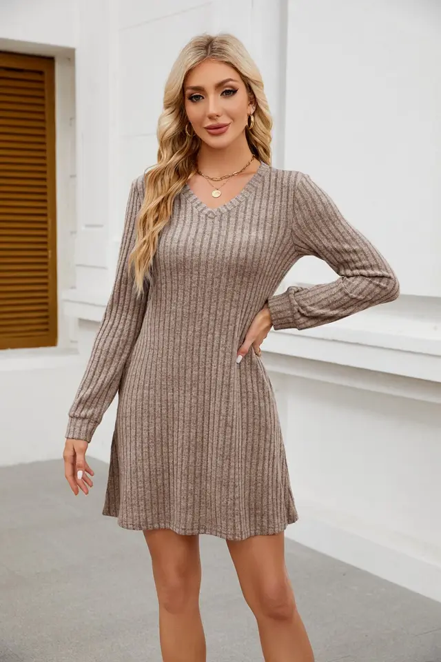 V neck Pocket Sunken Stripe Brushed Long Sleeve Leisure Dress Khaki - Shop at LoveMi