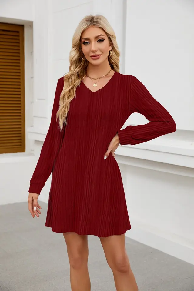 V neck Pocket Sunken Stripe Brushed Long Sleeve Leisure Dress Wine Red - Shop at LoveMi