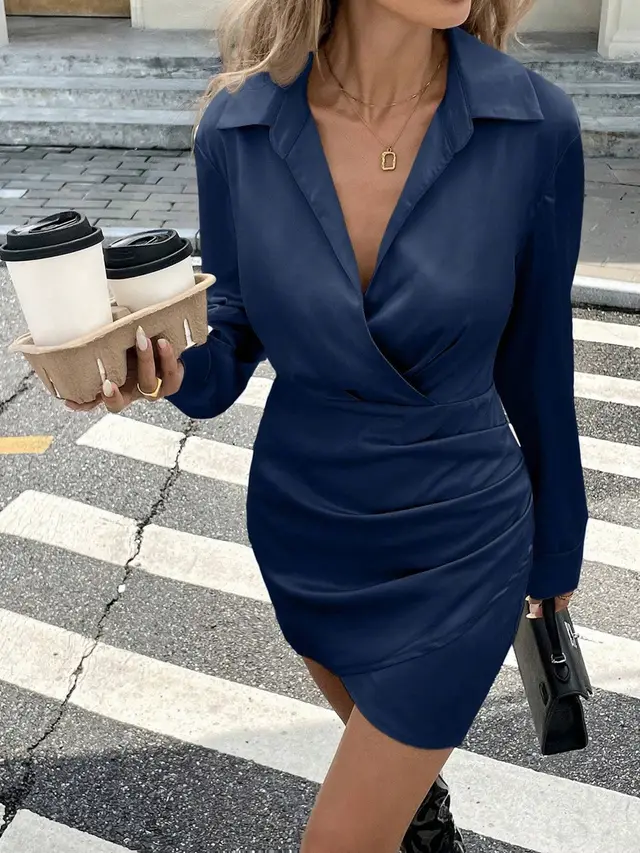 Long Sleeve Dress Fitted Waist Pleated Simplicity Short Skirt Dark Blue - Shop at LoveMi