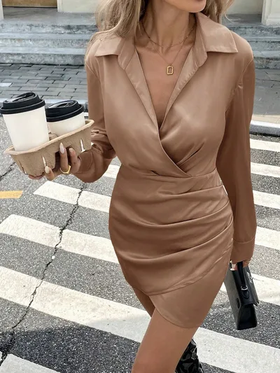Long Sleeve Dress Fitted Waist Pleated Simplicity Short Skirt Khaki - Shop at LoveMi