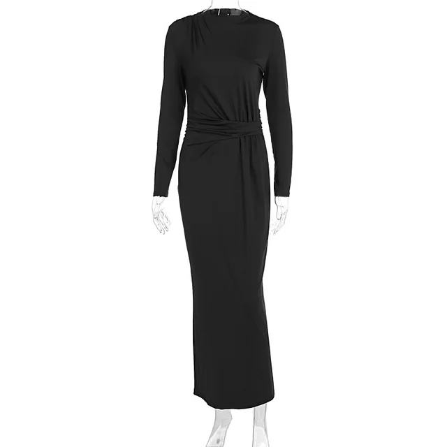 Long Sleeve Fitted Waist Pleated Slim fit Long Dress Black - Shop at LoveMi