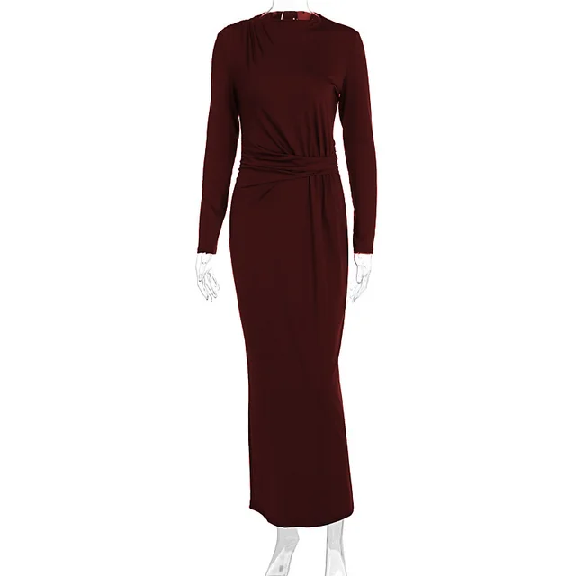 Long Sleeve Fitted Waist Pleated Slim fit Long Dress Wine Red - Shop at LoveMi