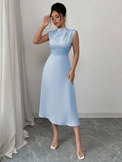 Pleated Satin Midi A Line Dress Blue - Shop at LoveMi