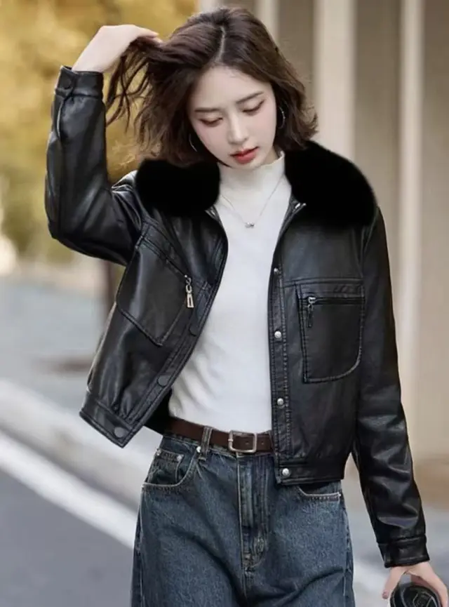 Fleece lined Thickened Western Style Fashion Short Lapel PU Women's Coat Black - Shop at LoveMi