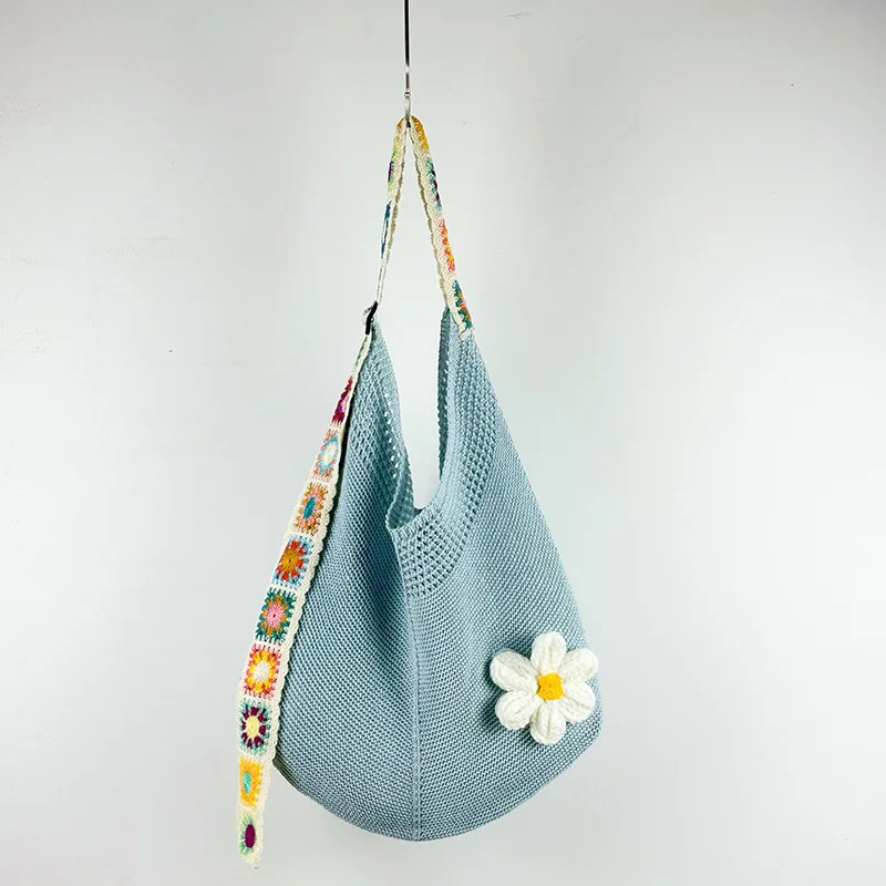 Women's Woven Shoulder Bag Hollow Flower Blue - Shop at LoveMi