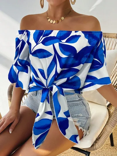 Printed Off the shoulder Red Loose fitting Shirt Blue - Shop at LoveMi