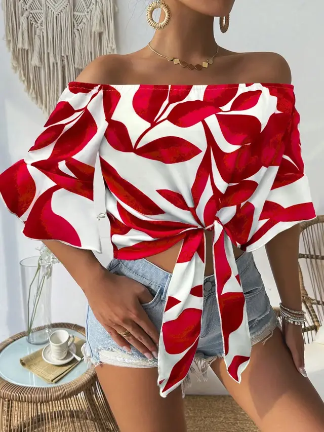 Printed Off the shoulder Red Loose fitting Shirt Red - Shop at LoveMi