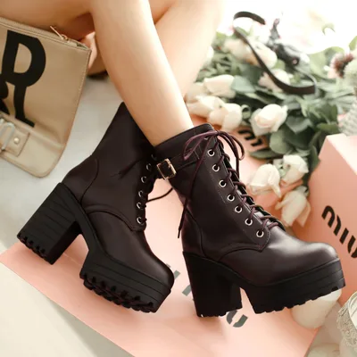 Large Size Thick Heel High Heel PU Martin Boots Brown - Shop at LoveMi