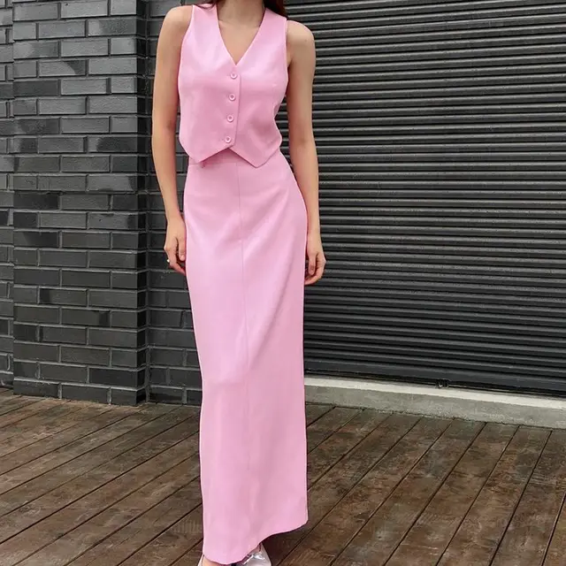 Sleeveless Vest Split Skirt Suit For Women Pink - Shop at LoveMi