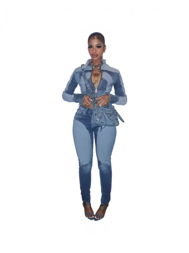 High Elastic Stitching Contrast Color Washed Denim Casual Suit Two piece Set Blue - Shop at LoveMi