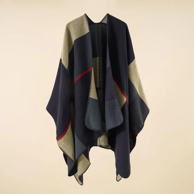 Casual Plaid Oversized Scarf Cashmere Women Navy Blue - Shop at LoveMi