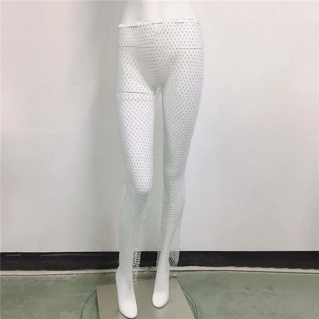 Sexy Fishnet Slit Pants Rhinestone Mesh Stretch Leggings White - Shop at LoveMi