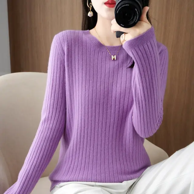 Autumn Women's Knitwear Round Neck Sweater For Women Low Collar Bottoming Violet - Shop at LoveMi