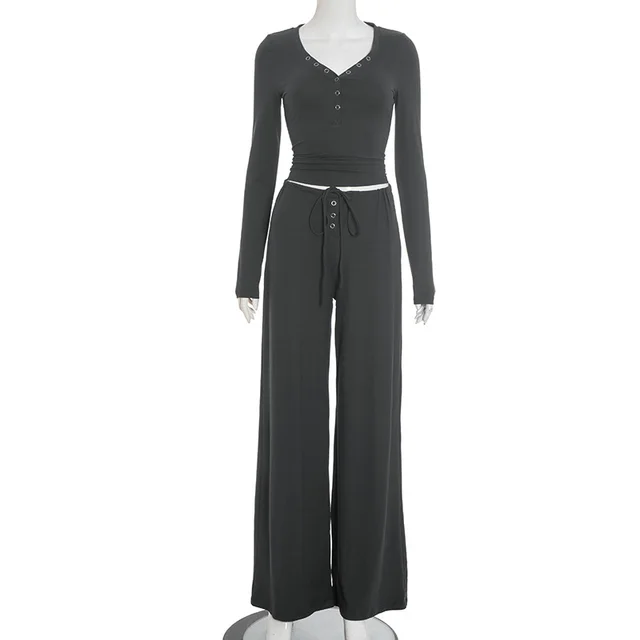 Snap Top Drawstring Trousers Suit Dark Gray - Shop at LoveMi