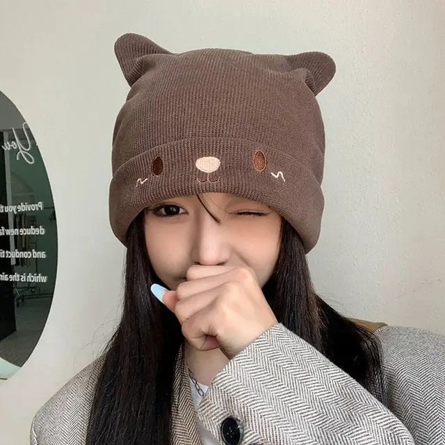 Knitted Hat Woolen Cap Riding Warm Velvet Padded Thickened Brown - Shop at LoveMi