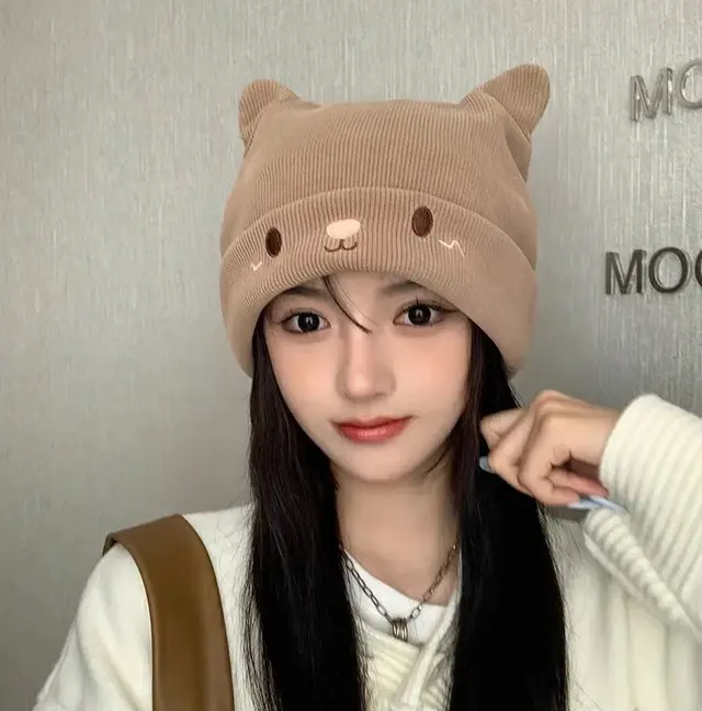 Knitted Hat Woolen Cap Riding Warm Velvet Padded Thickened Light Coffee Color - Shop at LoveMi