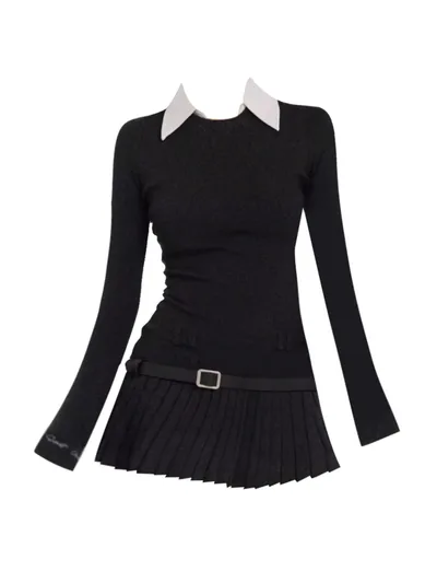 American Retro Faux Two piece Shirt Collar Dress Dark Grey - Shop at LoveMi