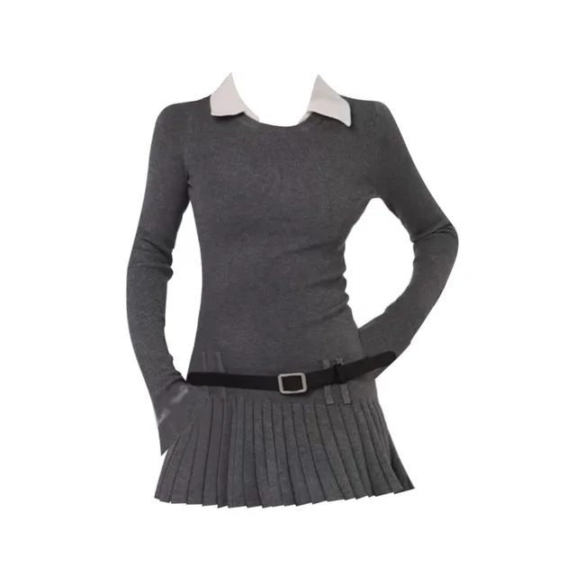 American Retro Faux Two piece Shirt Collar Dress Light Grey - Shop at LoveMi