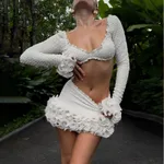 European And American Fashion Women's Wear Long Sleeve Short Top Ruffled Half-length Skirt Outfit - White