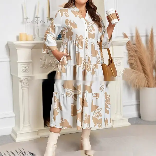 European And American Women's Clothing V neck Loose Flared Sleeve Stitching Dress Khaki - Shop at LoveMi
