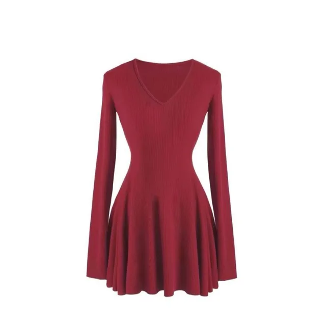 Women's High grade Temperament Long Sleeve Knitted Dress Red - Shop at LoveMi