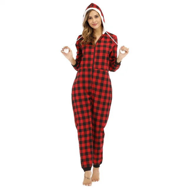 Women's Cotton Plaid Hooded Jumpsuit Red And Black Plaid - Shop at LoveMi