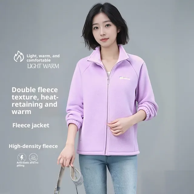Fleece lined Polar Fleece Jacket Warm Stand Collar Cardigan Light Purple - Shop at LoveMi