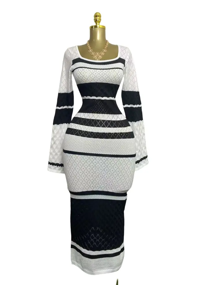 Colorful Contrast Color U neck Sexy Long sleeved Knitted Dress Black - Shop at LoveMi