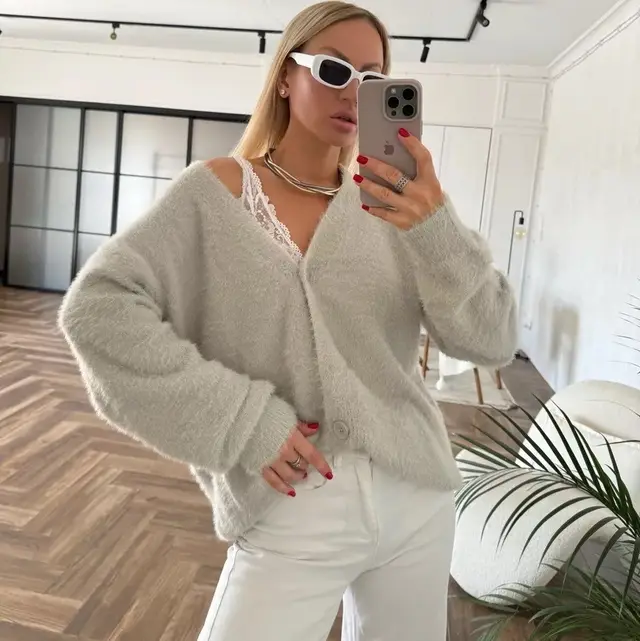 European And American New Loose V neck Casual Sweater Women Light Gray - Shop at LoveMi