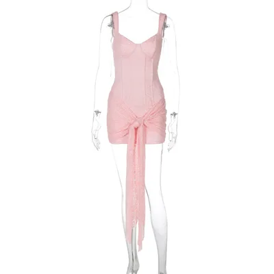 Dress Fashion Lace Sexy V neck Cinched Patchwork Pink - Shop at LoveMi