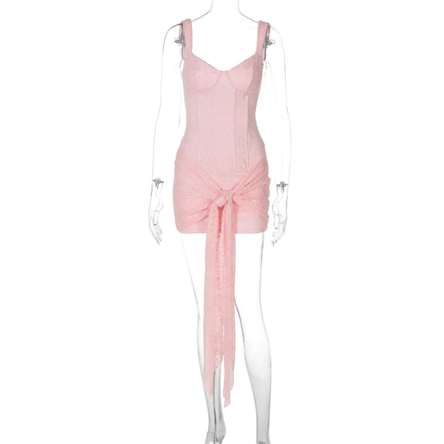 Dress Fashion Lace Sexy V neck Cinched Patchwork Pink - Shop at LoveMi