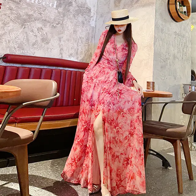Floral V neck Pure Desire Split Long Sleeve Dress Pink - Shop at LoveMi