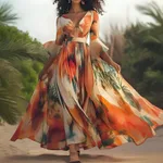 Women's Fashion Printed Vacation Style Large Swing Beach Dress - Color-M - View 1