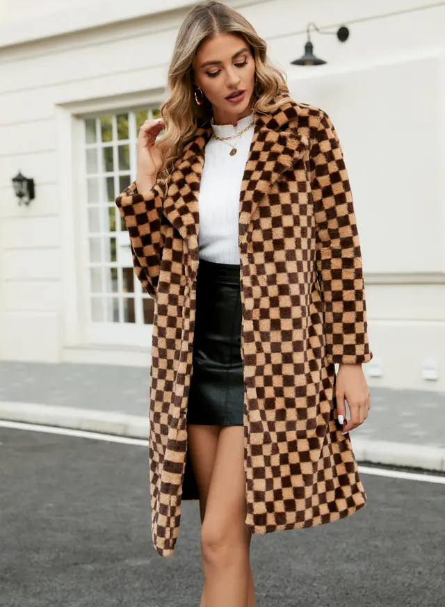 Women's Mid length Plaid Loose Plush Coat Brown Plaid - Shop at LoveMi