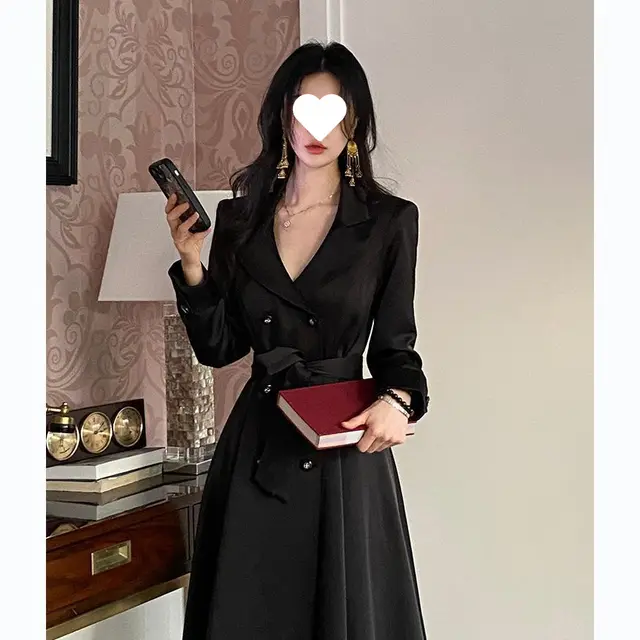 Retro Waist controlled Long Sleeve Women's Elegant Double breasted Long Coat Black - Shop at LoveMi