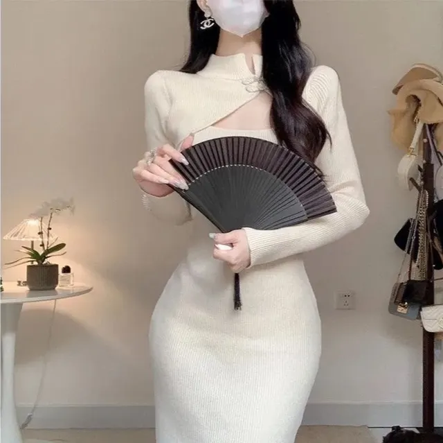 Hollow Frog Button Dress Slim Waist Hip Apricot - Shop at LoveMi