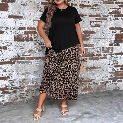 Women's Casual Short sleeved Leopard Print Loose Stitching Maxi Dress Black - Shop at LoveMi