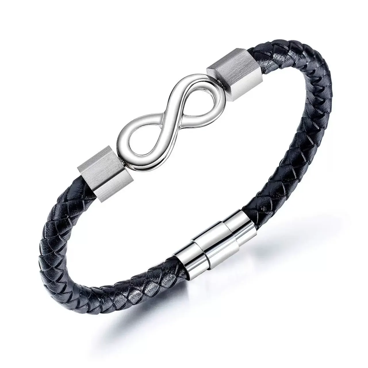 The Stainless Steel Leather Bracelet Is Hand-woven With Personality - Silver