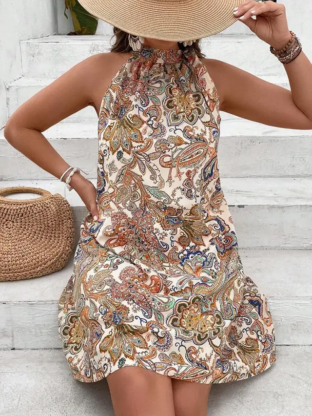 Sleeveless Halterneck Skirt Plus Size Apricot Beige - Shop at LoveMi