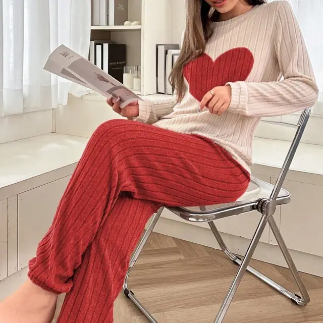 Women's Love Pajamas Two piece Trousers Long Sleeve Loose And Comfortable Red - Shop at LoveMi
