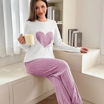 Women's Love Pajamas Two piece Trousers Long Sleeve Loose And Comfortable Violet 2Xl - Shop at LoveMi