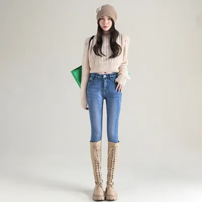 Fleece Padded Denim High Waist Tights Single Style Ninth Pants - Shop at LoveMi